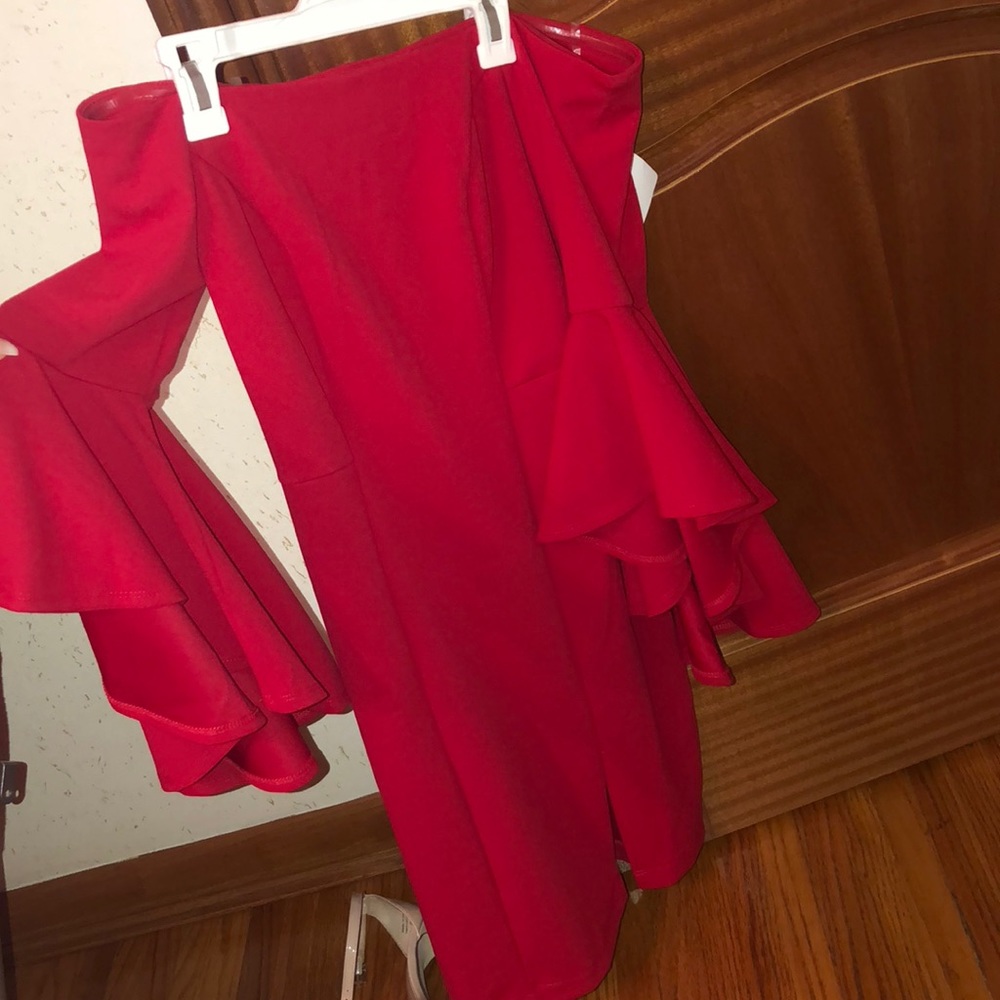 Red off shoulder dress